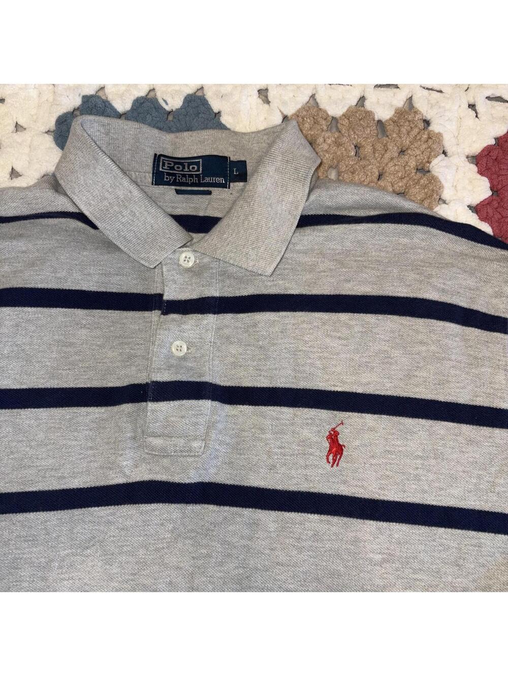 Polo Ralph Lauren Men's Large Gray and Navy Striped Polo Dress Shirt Red Logo